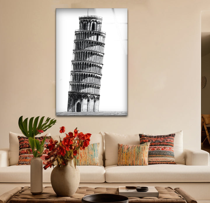 Modern black and white paintings of the Leaning Tower of Pisa, emphasizing its historic significance in a contemporary style.