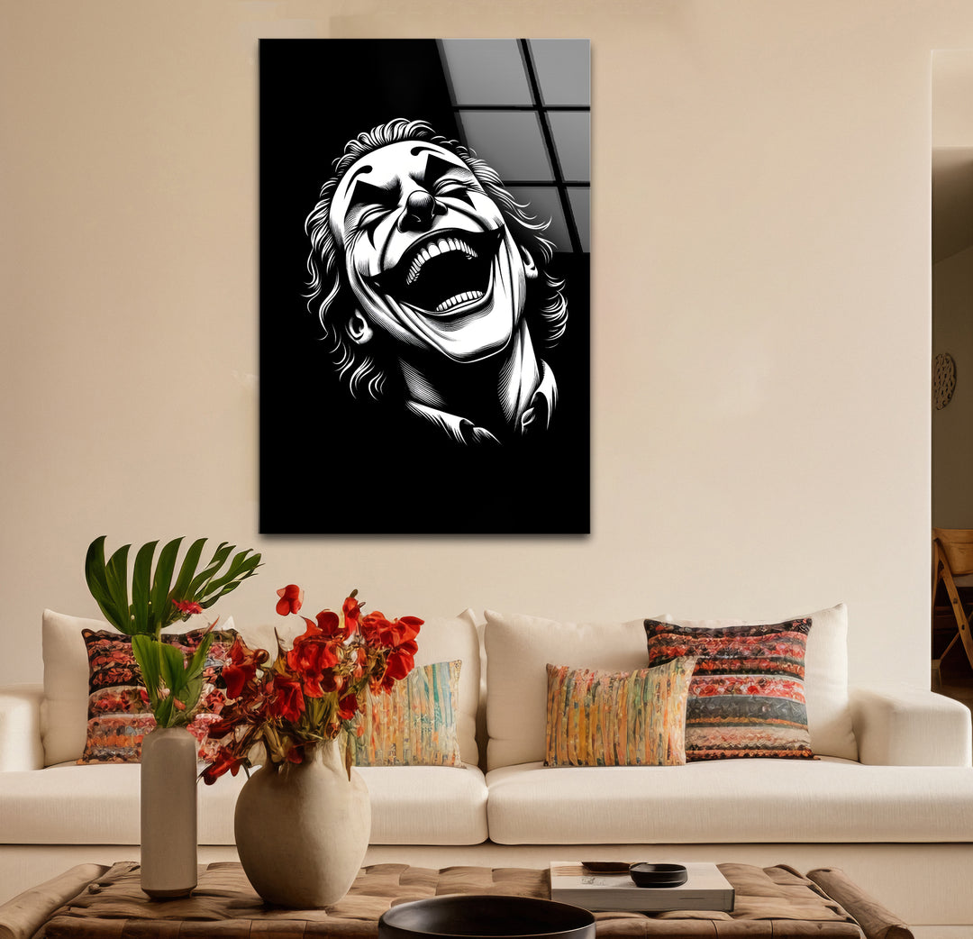 Timeless black and white paintings of the Joker laughing ideal for adding an edge to any space
