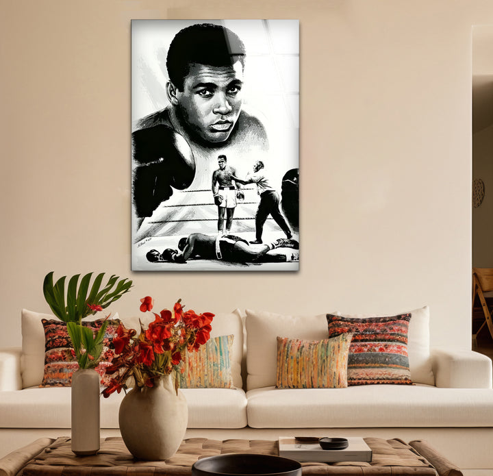 Refined black and white abstract drawings featuring Muhammad Ali, emphasizing his determination and grace.