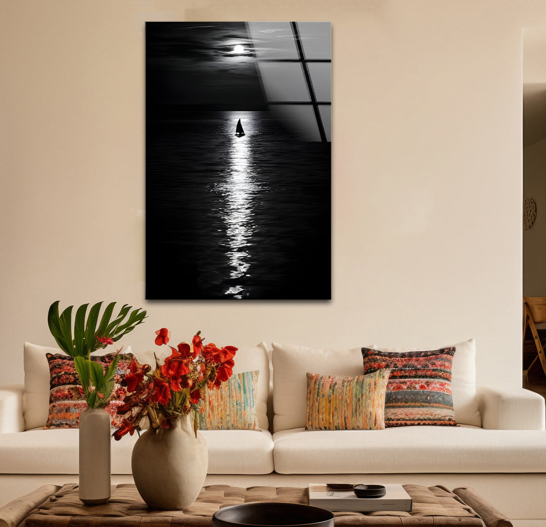 Artistic black and white abstract art portraying a moonlight landscape with bold textures and contrasts.