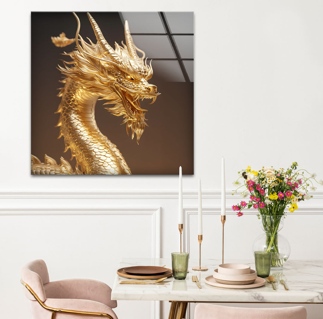 Bold and powerful, this golden dragon artwork will elevate your room with its mythical charm on durable glass.
