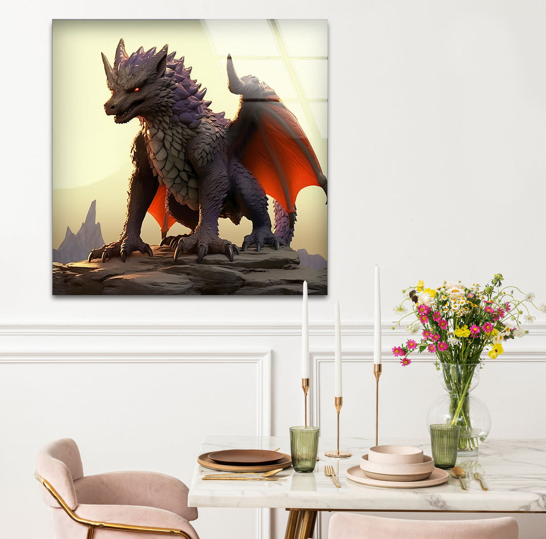 An epic purple dragon, poised for adventure, beautifully showcased on sleek tempered glass wall art.
