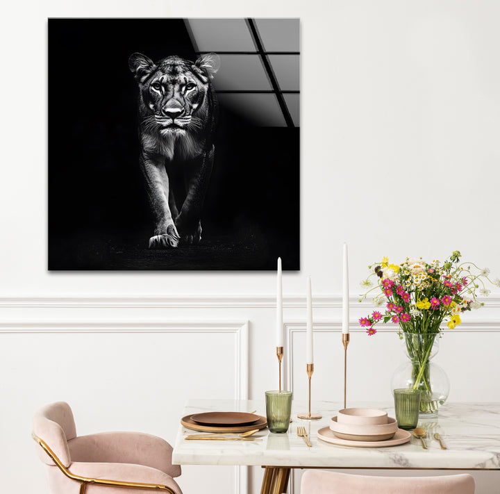 Majestic Lion: Bold Black and White Art on Glass Wall
