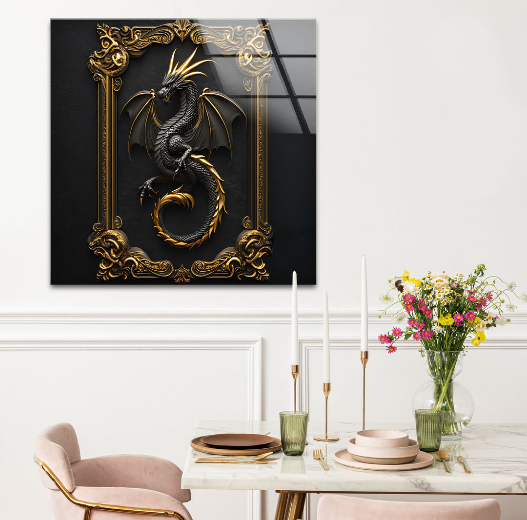 Unleash the power of a golden dragon, captured in vivid detail, framed with an ornate golden design.
