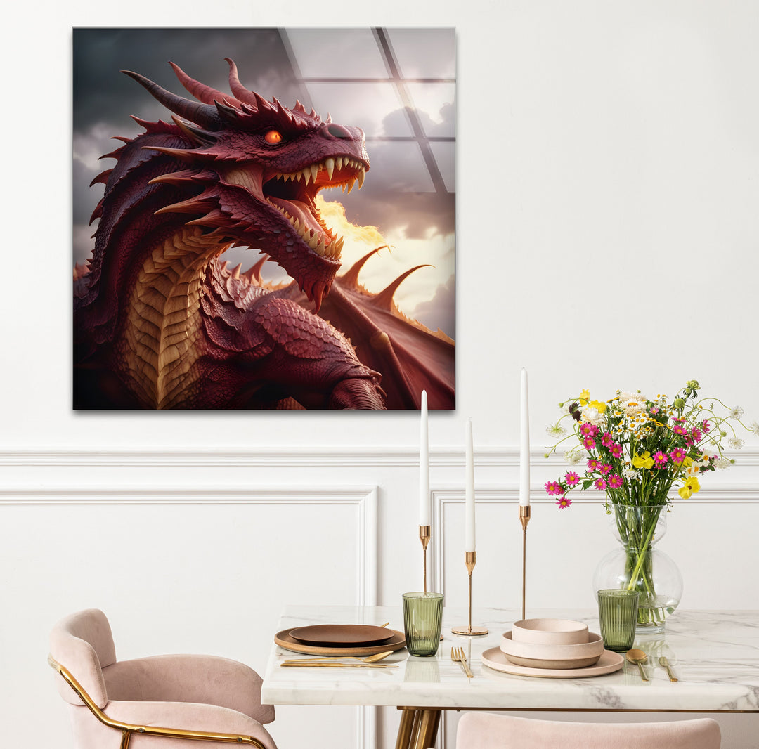 Let the fierce presence of a red dragon command attention in your space with this powerful glass artwork.
