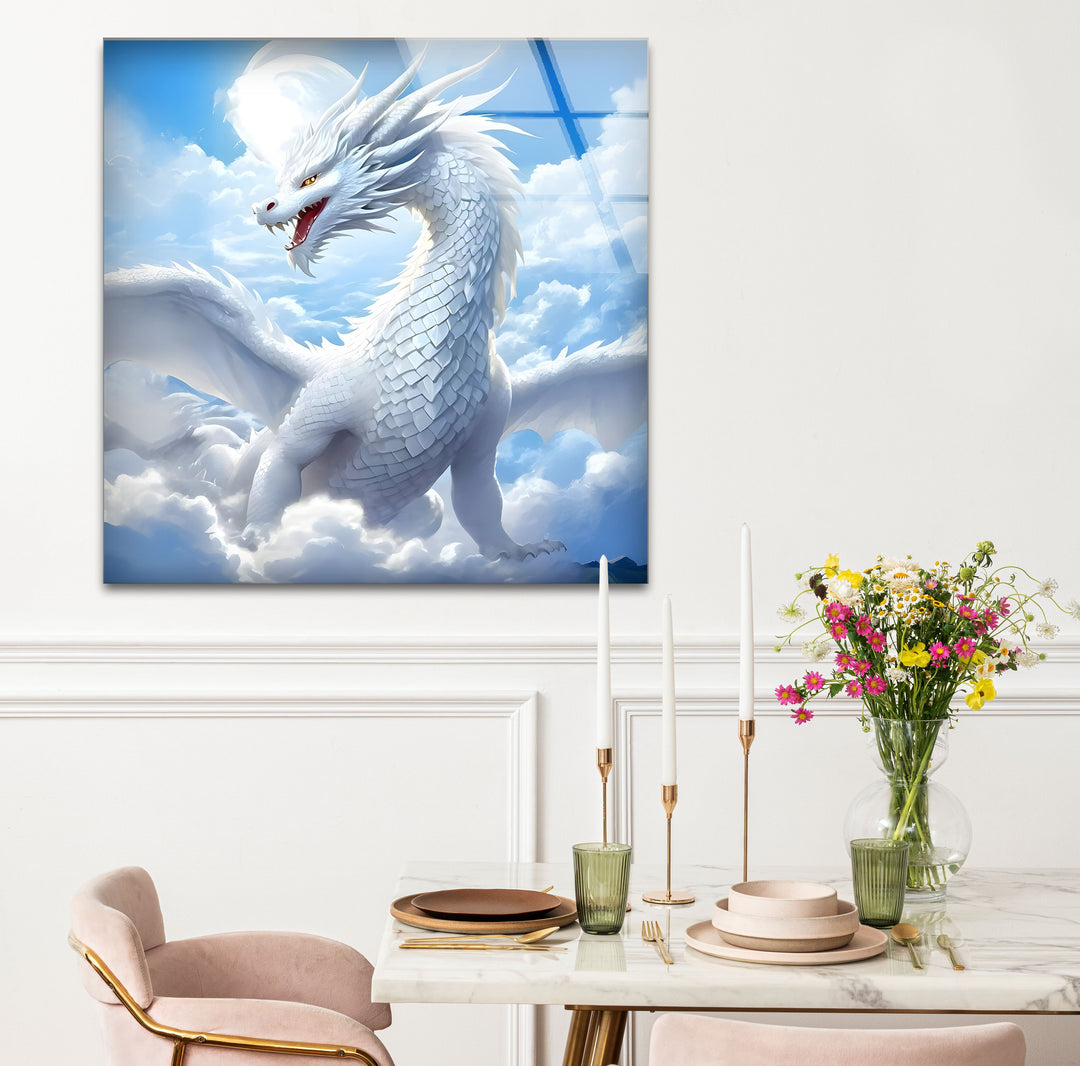 White Dragon: A majestic dragon floating through the clouds.
