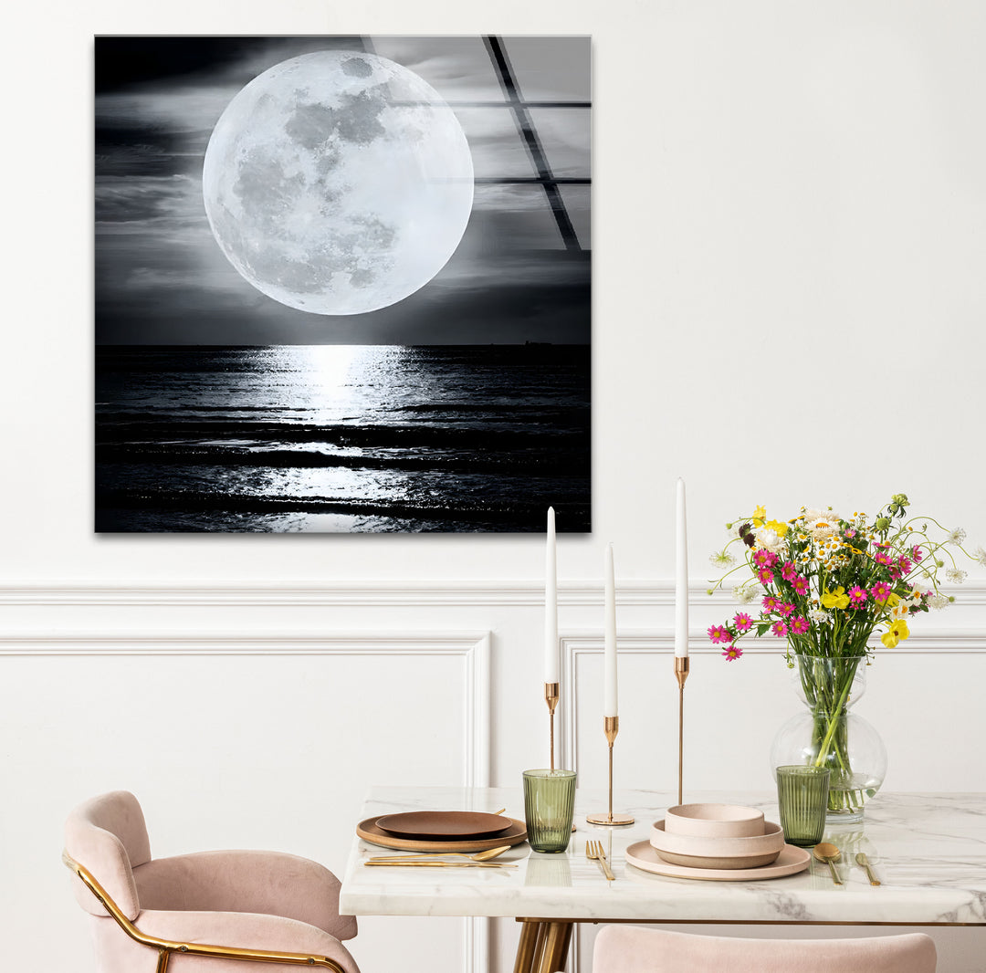 Artistic black and white abstract art portraying the harmony of a moonlit ocean landscape.