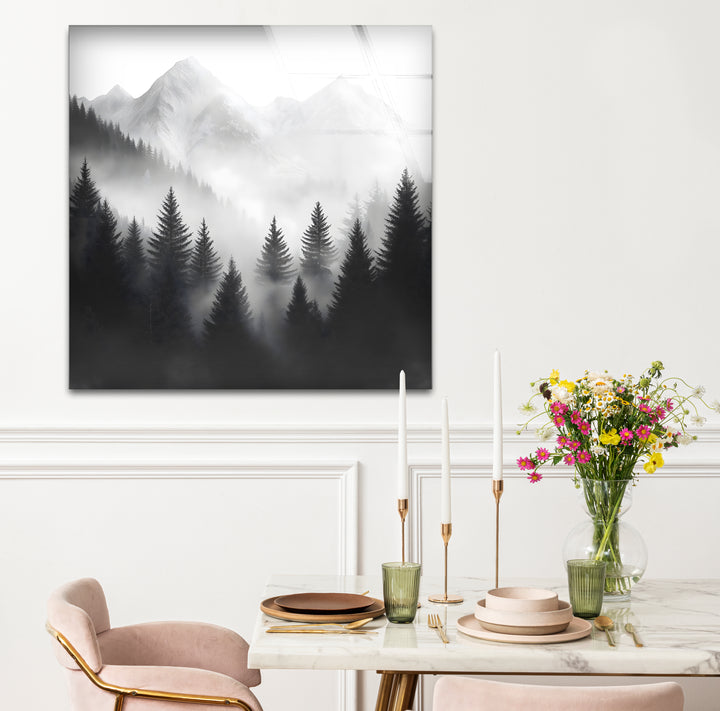 Sophisticated black and white framed art capturing the serenity of misty mountains with intricate details
