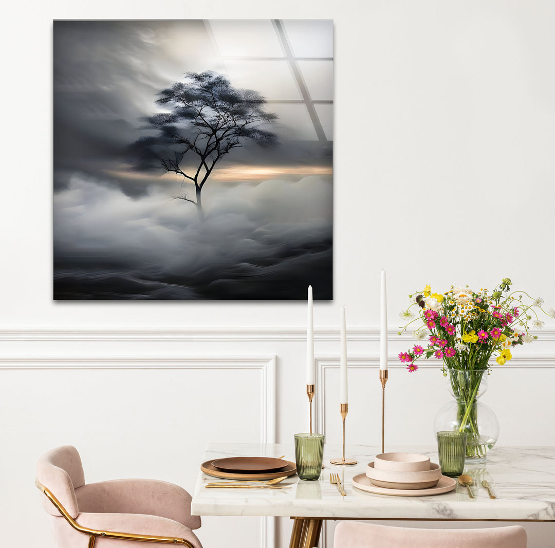 Artistic black and white abstract art portraying a solitary tree with flowing textures and soft contrasts.