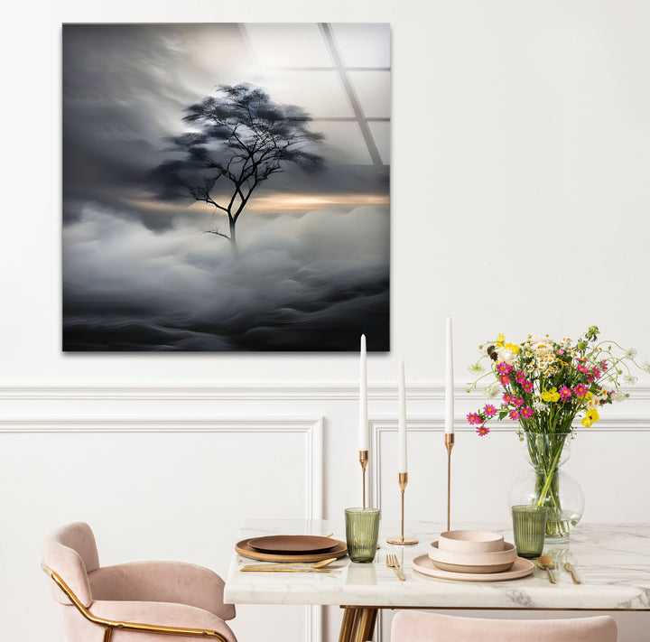 Artistic black and white abstract art portraying a solitary tree with flowing textures and soft contrasts.