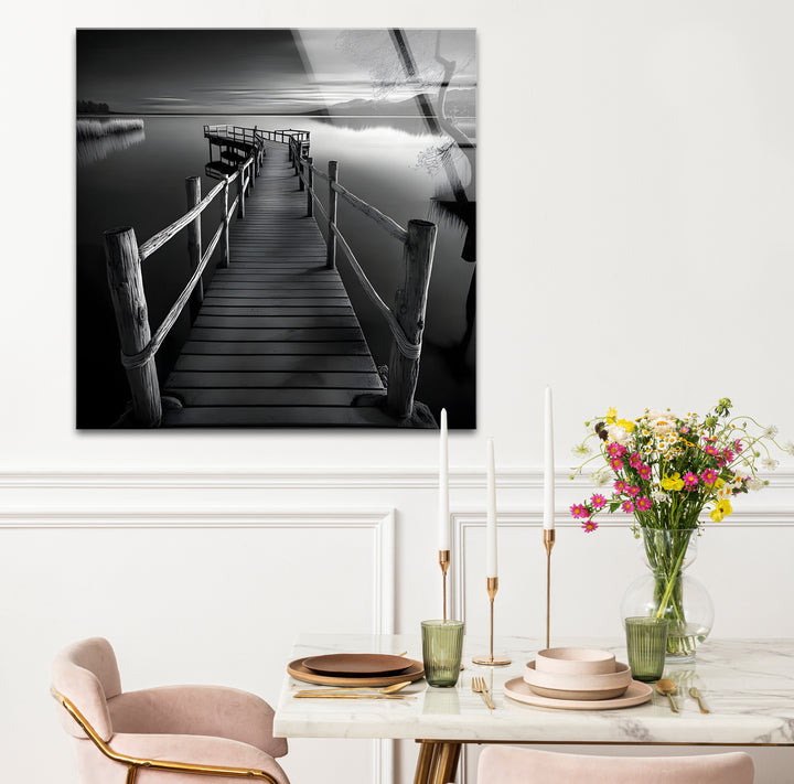 Artistic black and white abstract art portraying a dock with bold lines and soft textures
