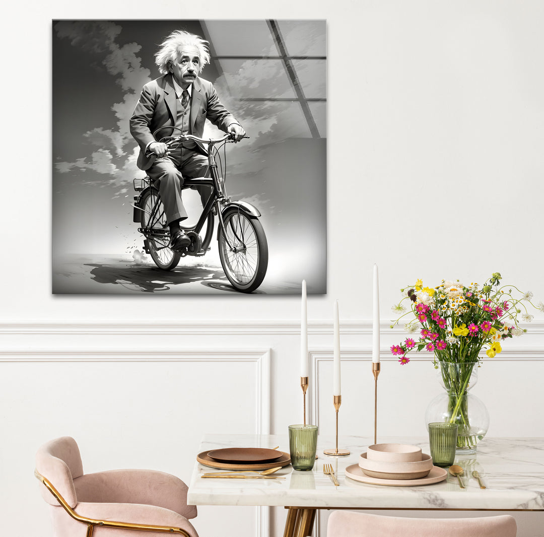 Striking black and white abstract art portraying Albert Einstein riding a bicycle in a creative composition.