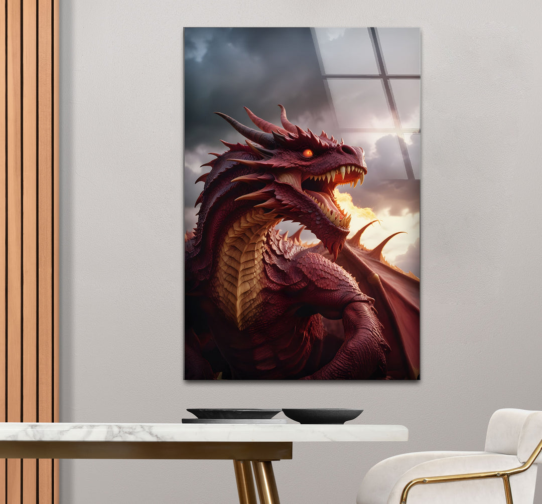 A red dragon, ready to unleash its power, captured in stunning detail on durable glass wall art.
