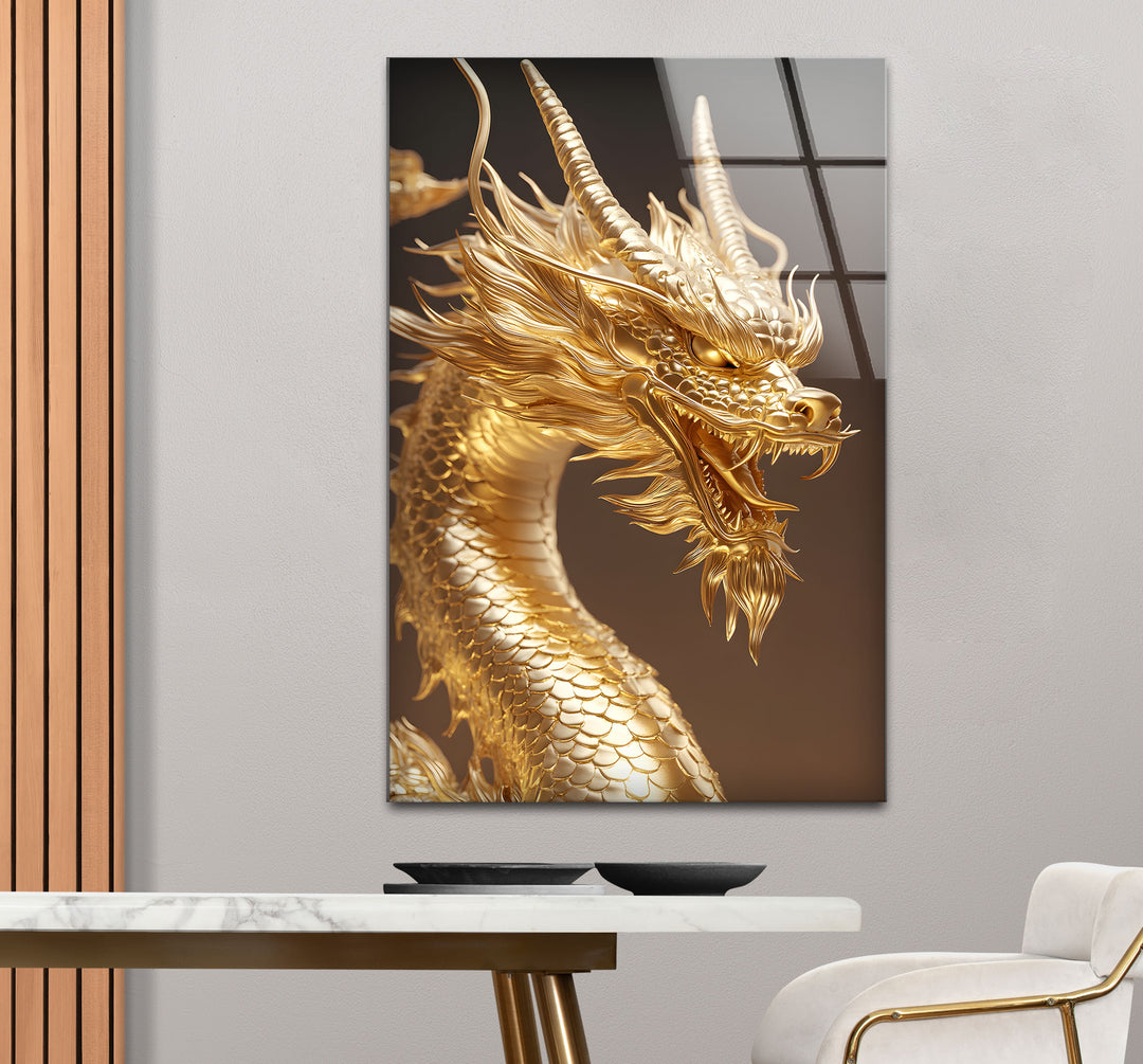 A golden dragon, ready to conquer, beautifully designed in vivid detail on high-quality glass.
