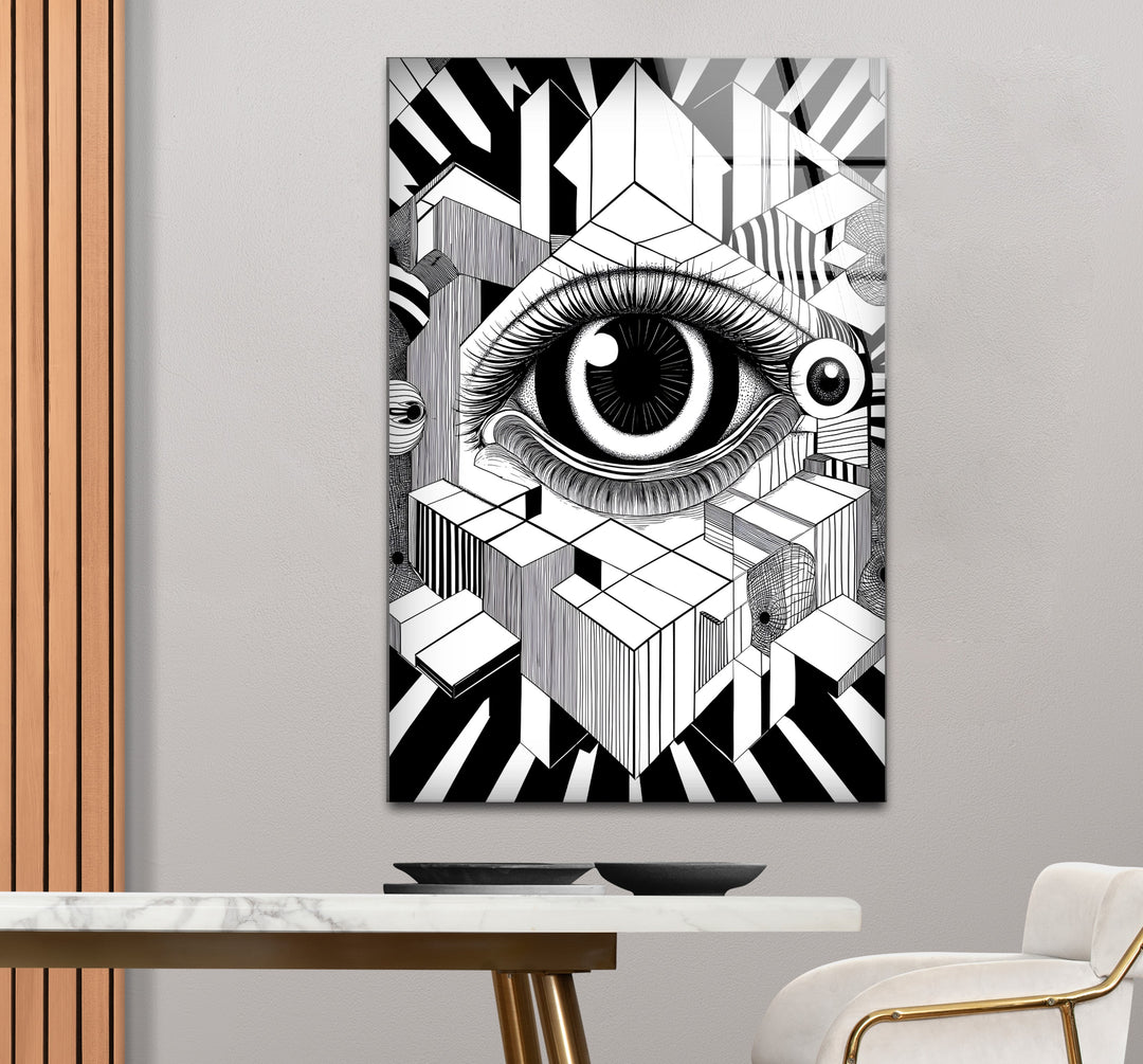 Modern black and white artwork highlighting the enigmatic beauty of a surrealist eye design
