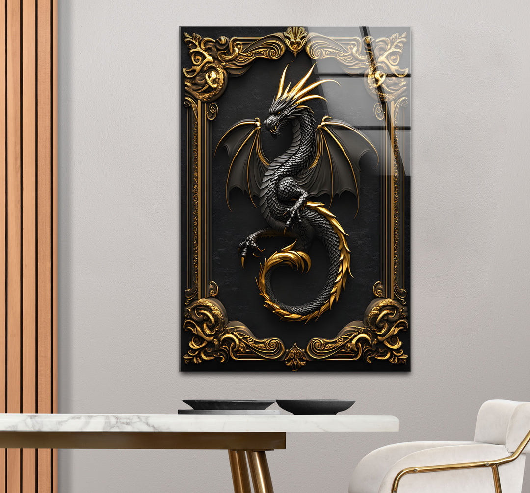 A stunning black and gold dragon artwork, perfect for adding a mystical touch to your living room or office.
