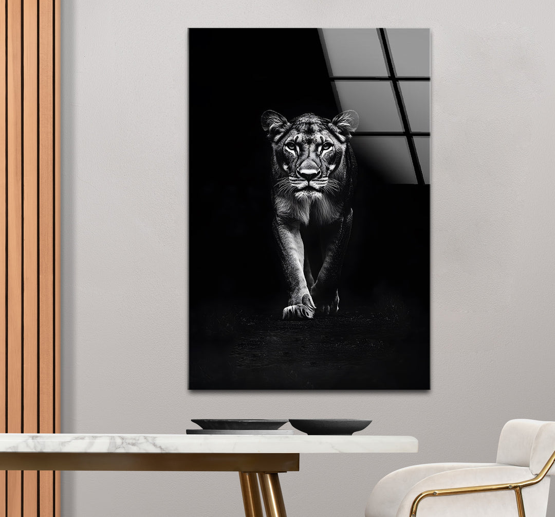 Lion’s Strength: A Striking Black and White Portrait on Glass

