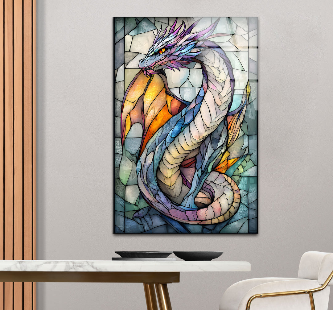 Fantasy Dragon Wall Art – A Vibrant Stained Glass Style Glass Print
