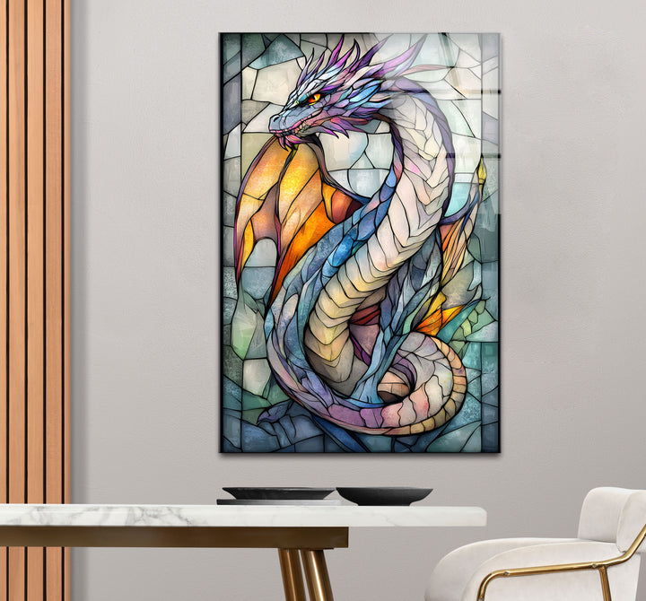 Fantasy Dragon Wall Art – A Vibrant Stained Glass Style Glass Print
