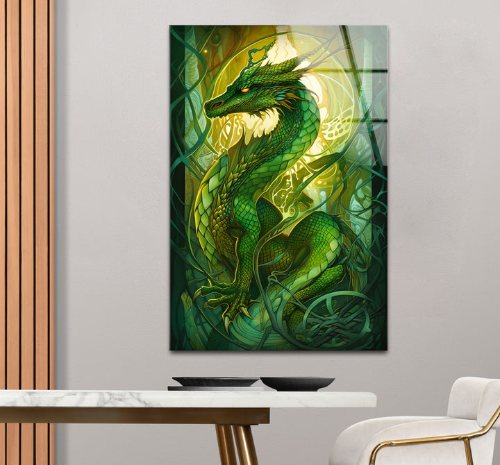 Green Dragon: A vibrant green dragon coiled with vines, ideal for nature and fantasy-inspired decor.
