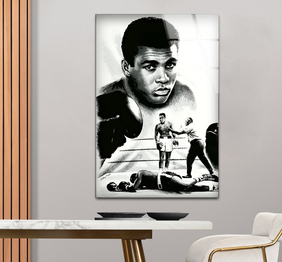 Artistic black and white abstract art portraying Muhammad Ali with expressive lines and textures.