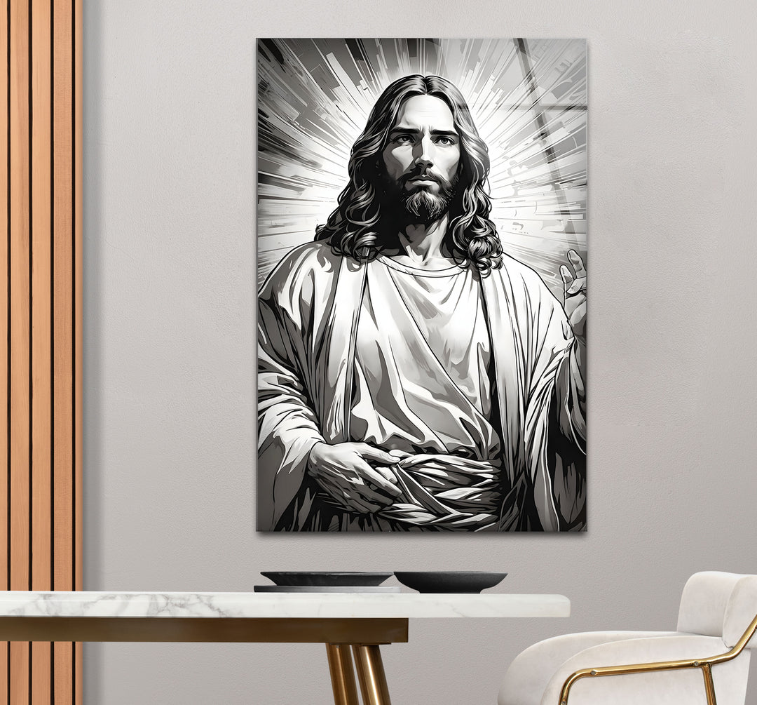 Artistic black and white abstract art portraying Jesus Christ with flowing lines and delicate details.