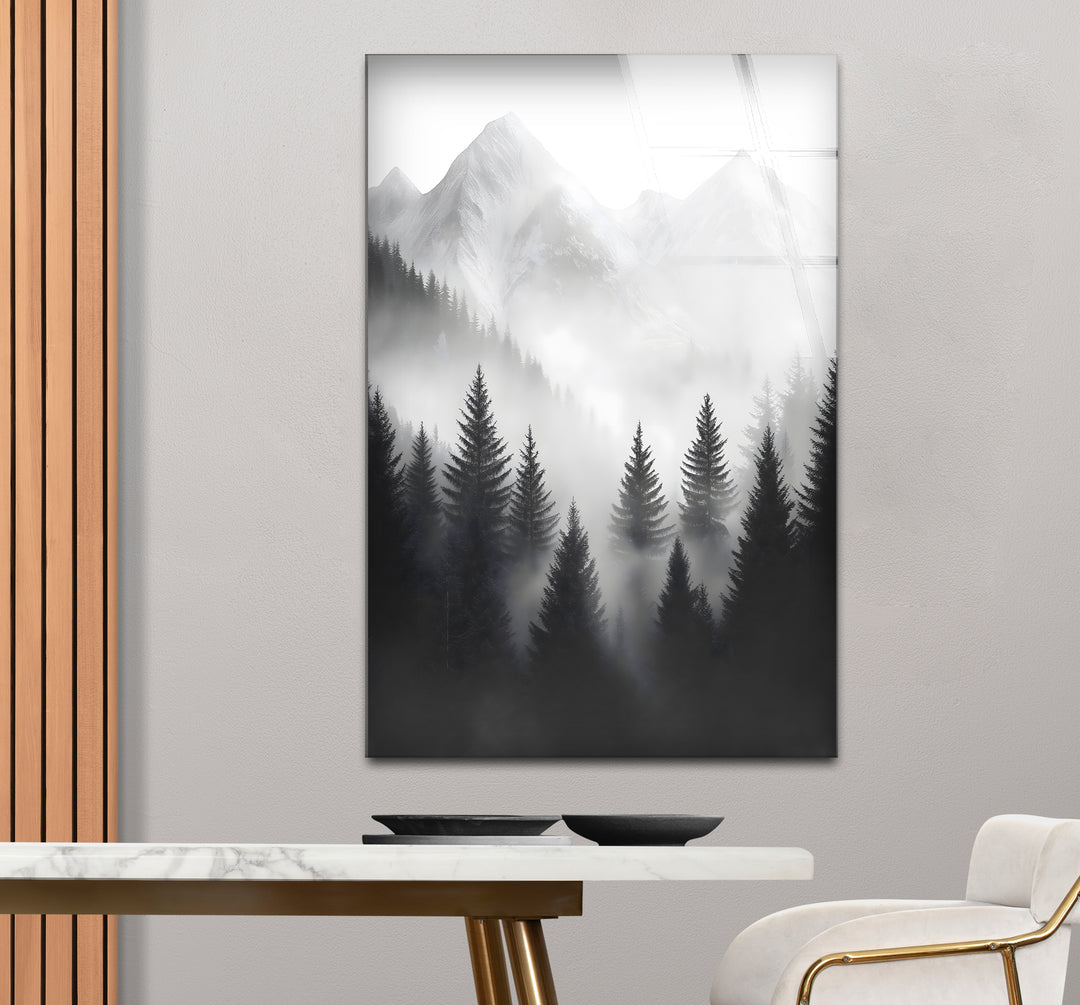 Captivating black and white wall decor featuring a tranquil mountain range shrouded in mist
