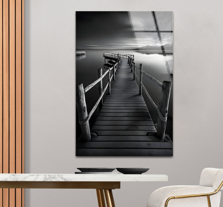 Sophisticated black and white framed art capturing the elegance of a dock landscape in monochrome
