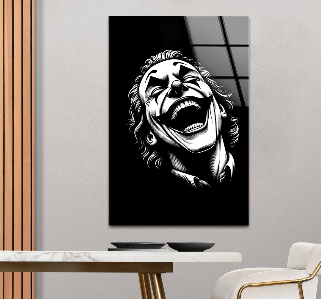 Sophisticated black and white framed art portraying the Joker with bold lines and high contrast
