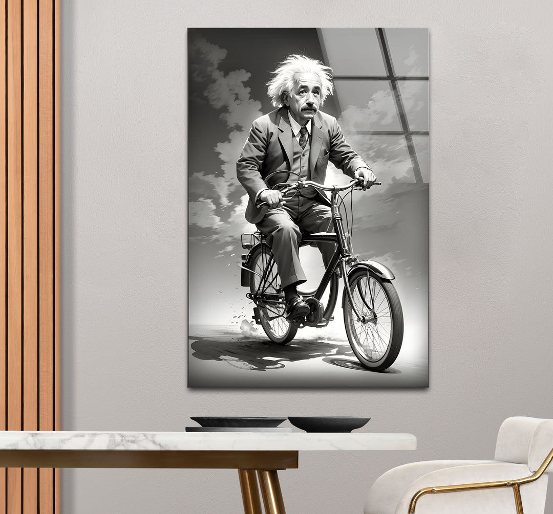 Timeless black and white framed art of Albert Einstein on a bicycle, blending humor with intellectual charm.