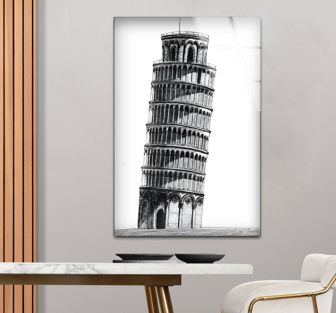 Bold black and white framed art of the Leaning Tower of Pisa, combining architectural elegance with artistic flair.