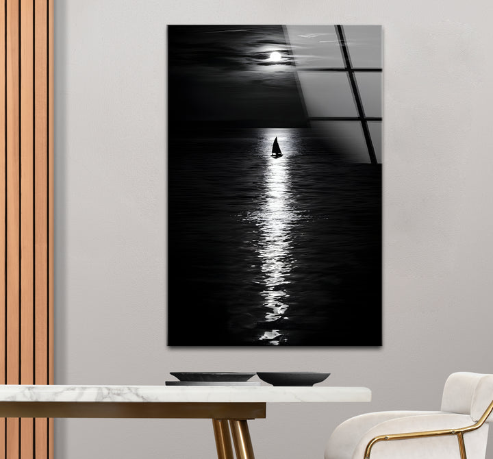 Sophisticated black and white artwork showcasing the tranquil beauty of a moonlit night.