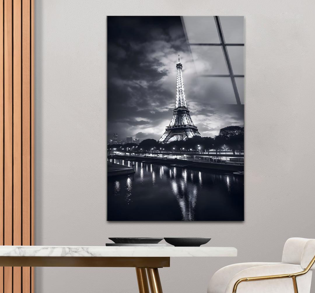 Captivating black and white wall decor featuring a serene Parisian skyline with the Eiffel Tower
