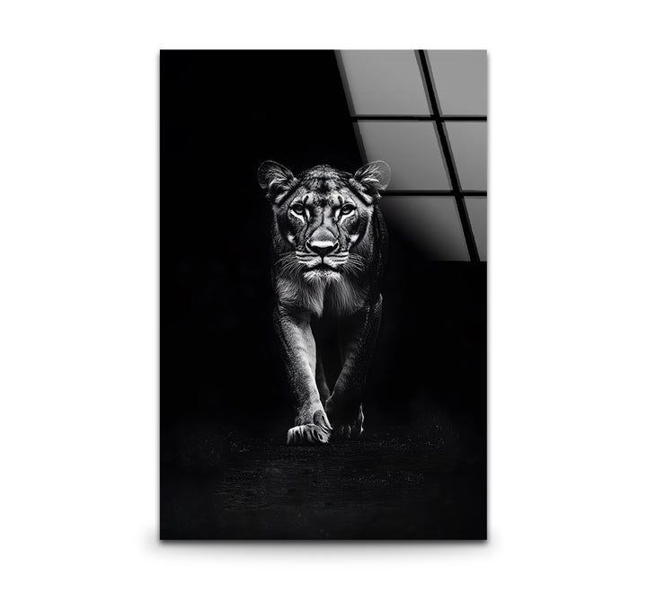 Lion’s Roar: Fierce Black and White Portrait on Glass Wall Art
