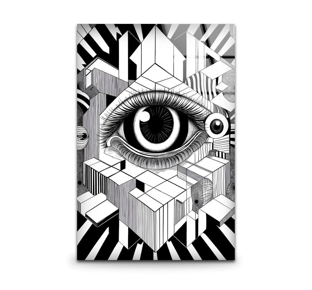 Black and white art featuring a surrealist eye design with intricate details and bold contrasts
