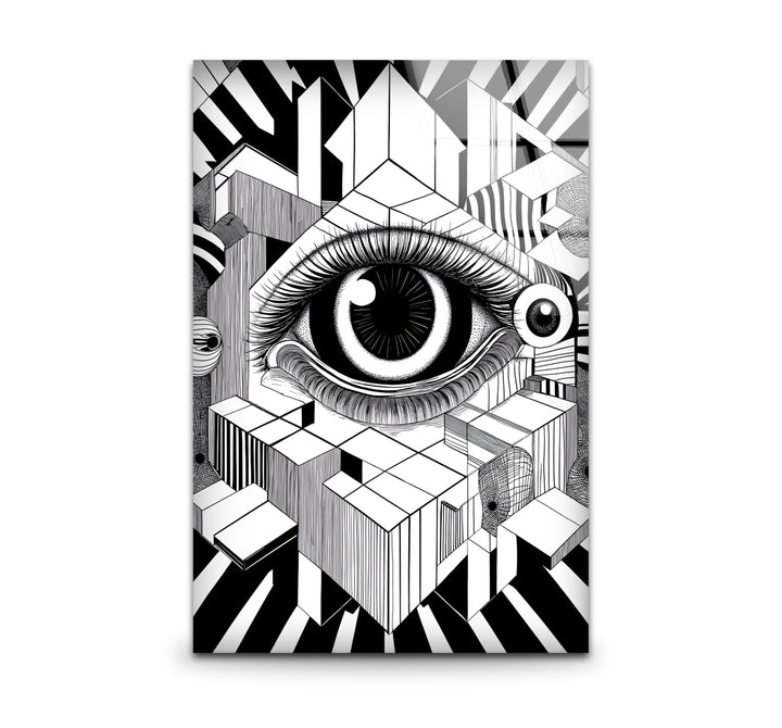 Black and white art featuring a surrealist eye design with intricate details and bold contrasts
