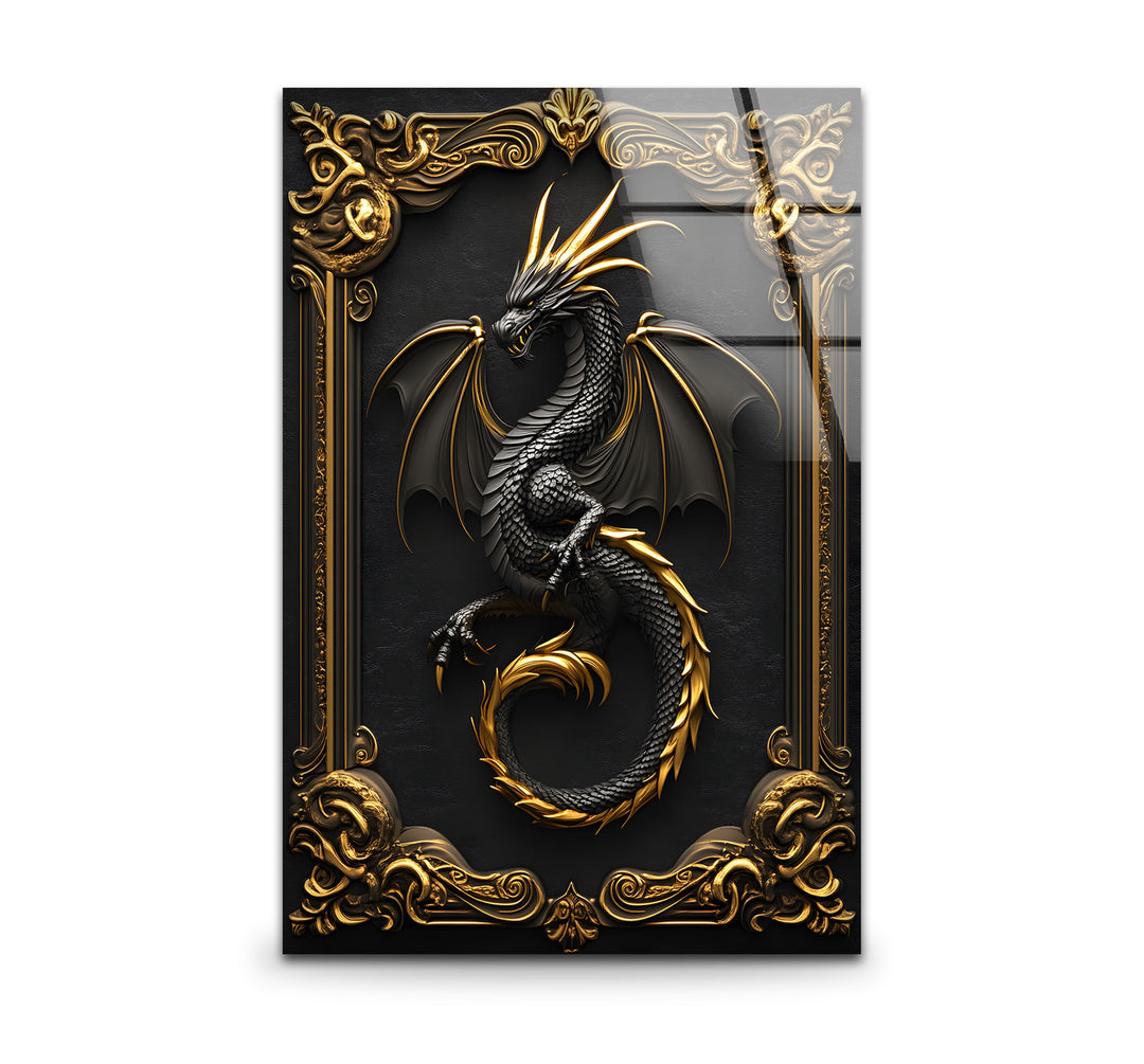 Bring strength and elegance to your space with a striking black and gold dragon, printed on durable glass.
