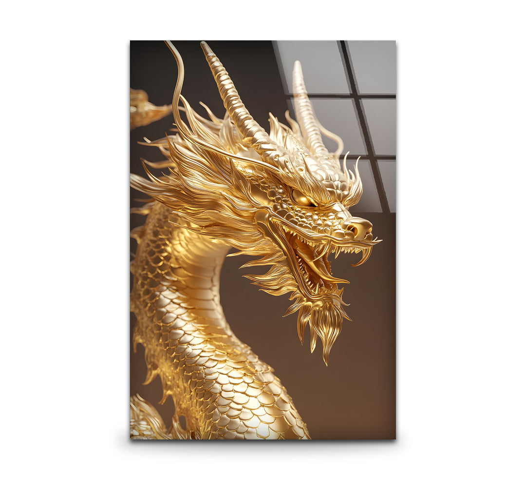 A powerful golden dragon roaring fiercely, captured in stunning detail on premium glass wall art.
