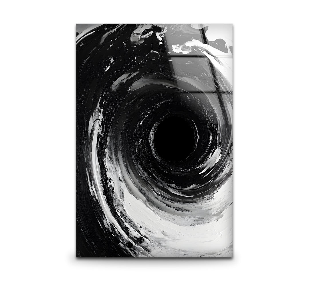 Black and white art featuring an abstract swirling vortex with bold contrasts
