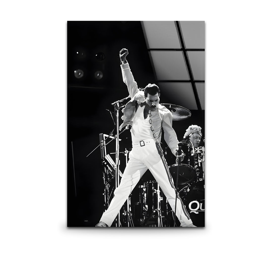 Black and white art featuring Freddie Mercury in an iconic pose.