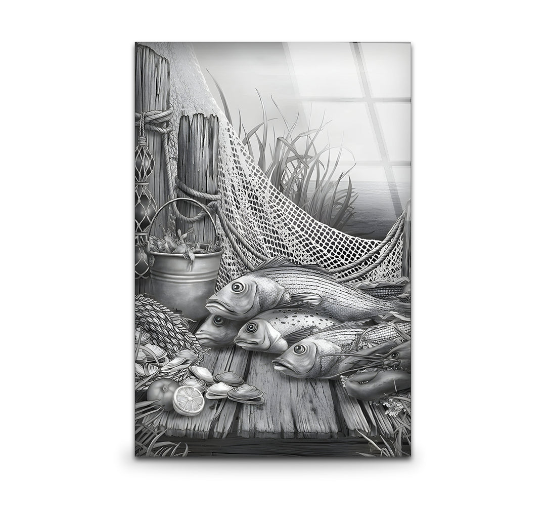 Elegant black and white wall art featuring a detailed fish illustration in a minimalist style.