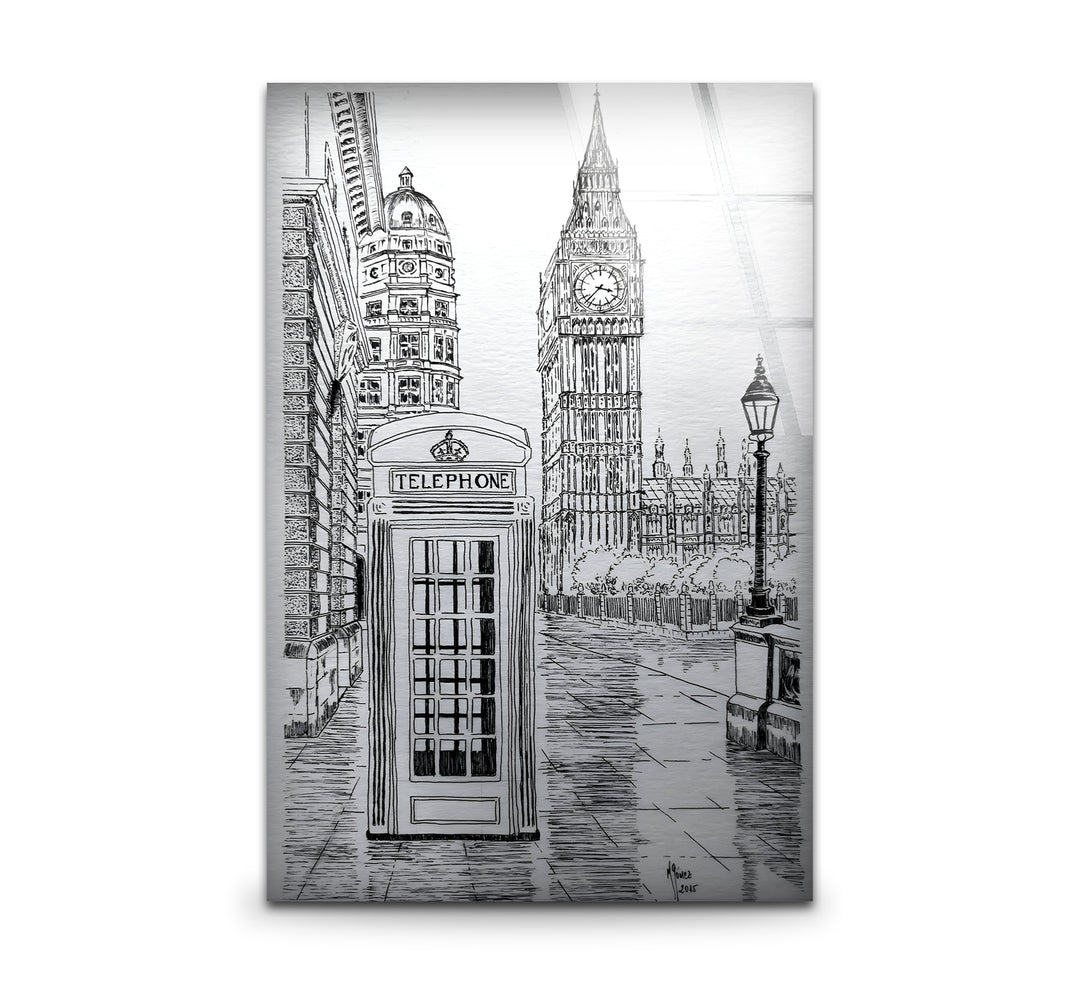 Black and white art featuring a detailed drawing of London.
