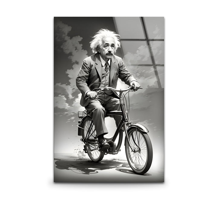 Playful black and white wall art featuring Albert Einstein riding a bicycle with a charming smile.