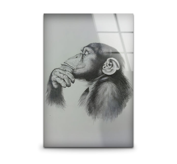 Striking black and white wall art featuring a detailed drawing of a thoughtful monkey.