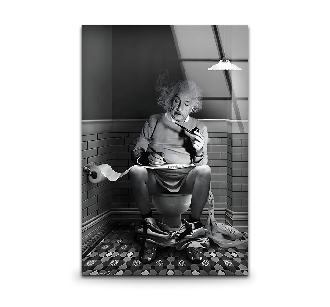 Playful black and white wall art featuring Albert Einstein in a restroom with a humorous twist.