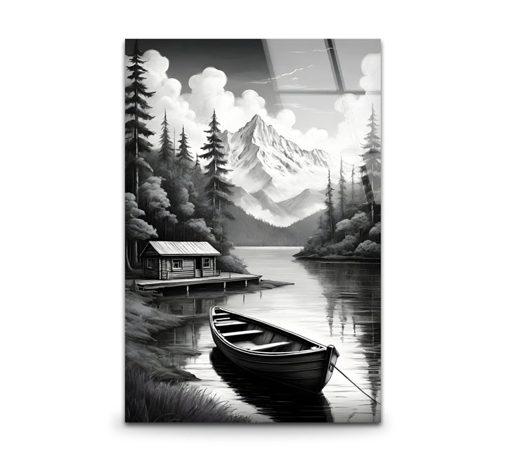 Black and white art featuring a serene nature landscape with trees and mountains
