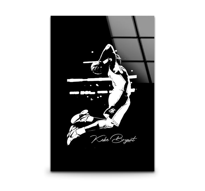 Bold black and white wall art featuring a dramatic silhouette of Kobe Bryant in action.