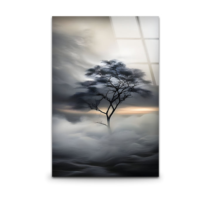 Elegant black and white wall art featuring a solitary tree in a misty landscape.