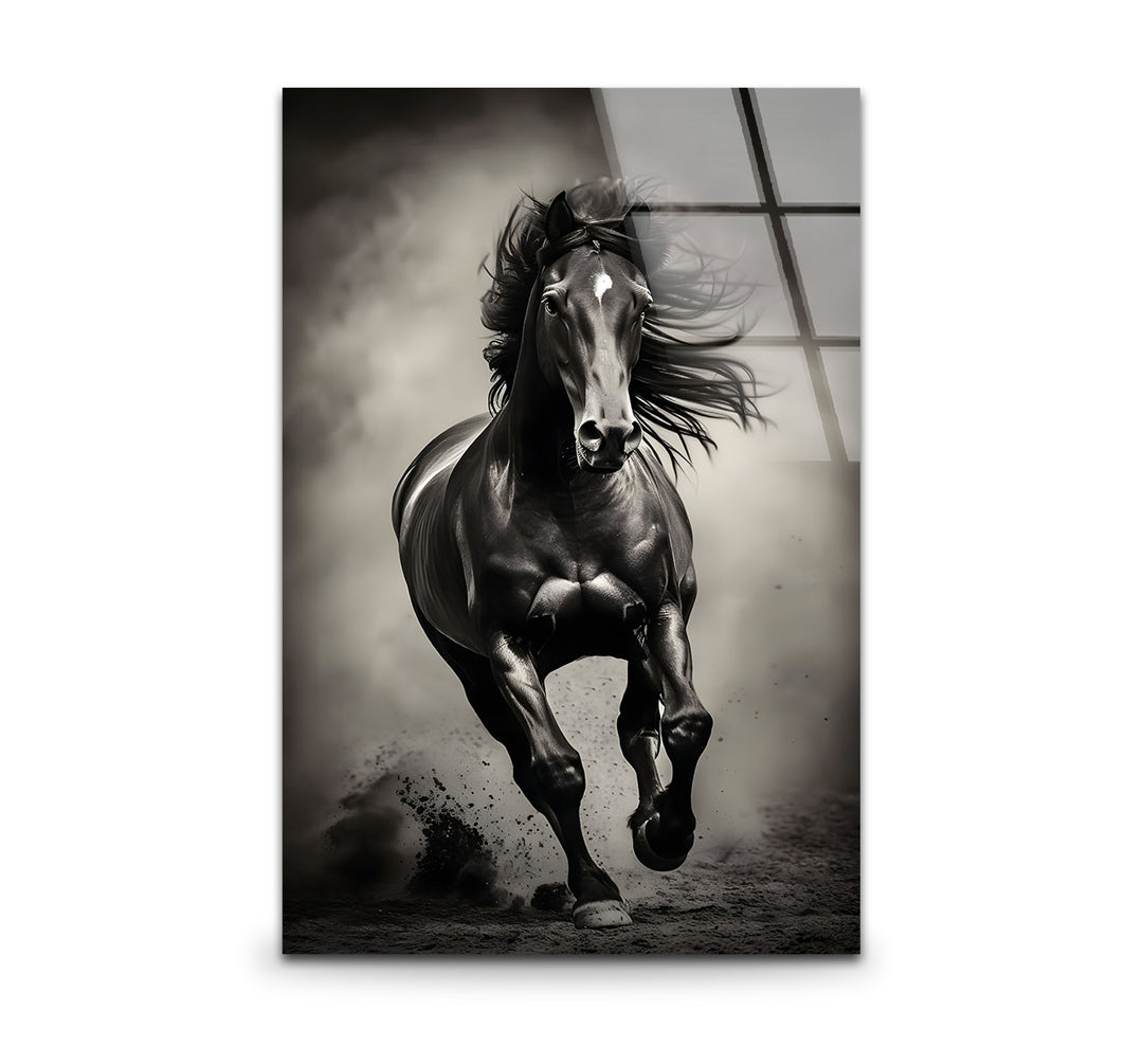 Elegant black and white wall art featuring a galloping horse with bold, expressive details.