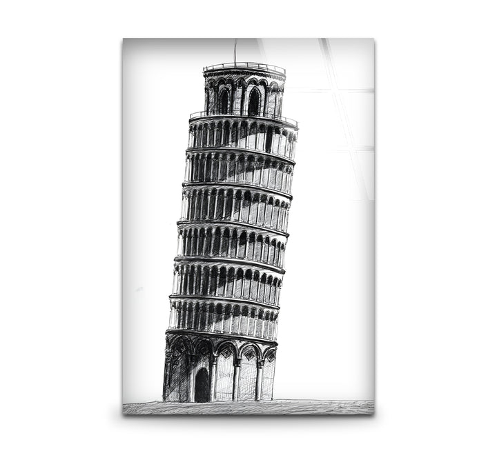 Elegant black and white wall art featuring a detailed drawing of the Leaning Tower of Pisa.